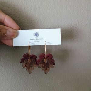 Handmade Gold and Maroon Leaf Earrings